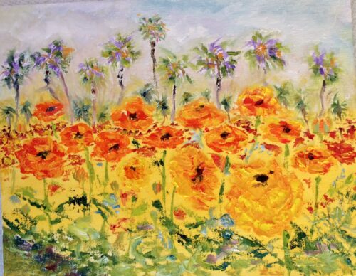 orange ranunculus, a plein air painting by Judy Salinksy